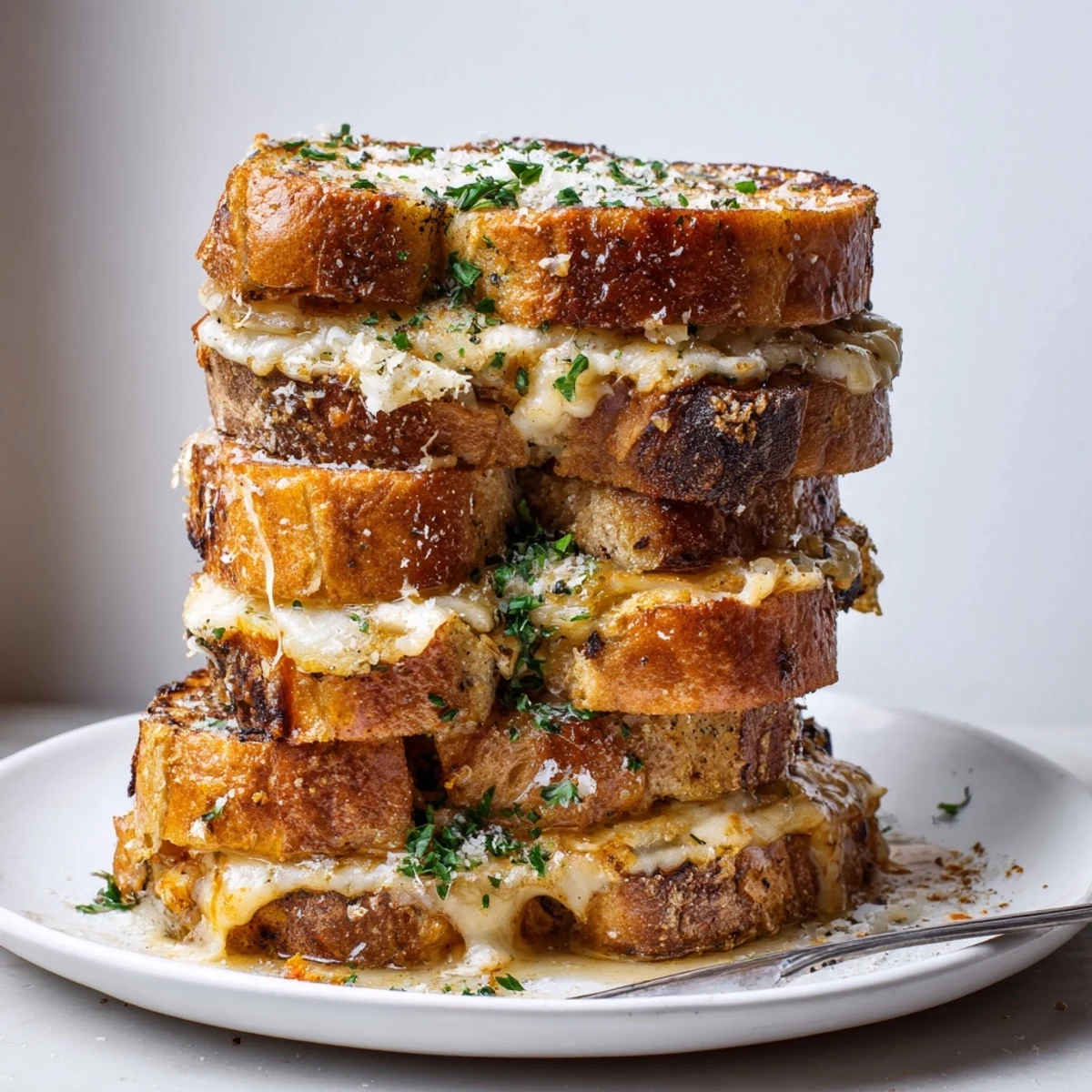 Savory Cheesy Garlic French Toast Stacks topped with fresh parsley and Parmesan cheese.
