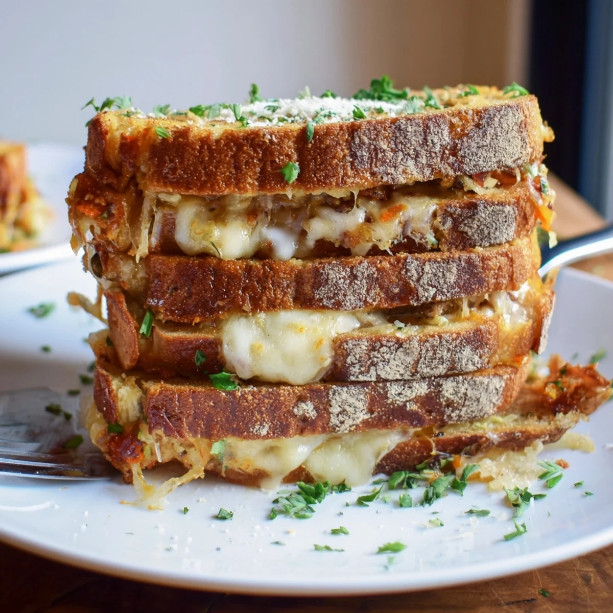 Cheesy Garlic French Toast Stacks layered with melted cheese, perfect for a brunch feast.