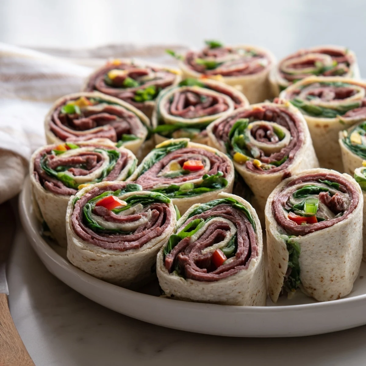 Savory Cajun Roast Beef Pinwheel Rolls filled with cream cheese and fresh veggies.