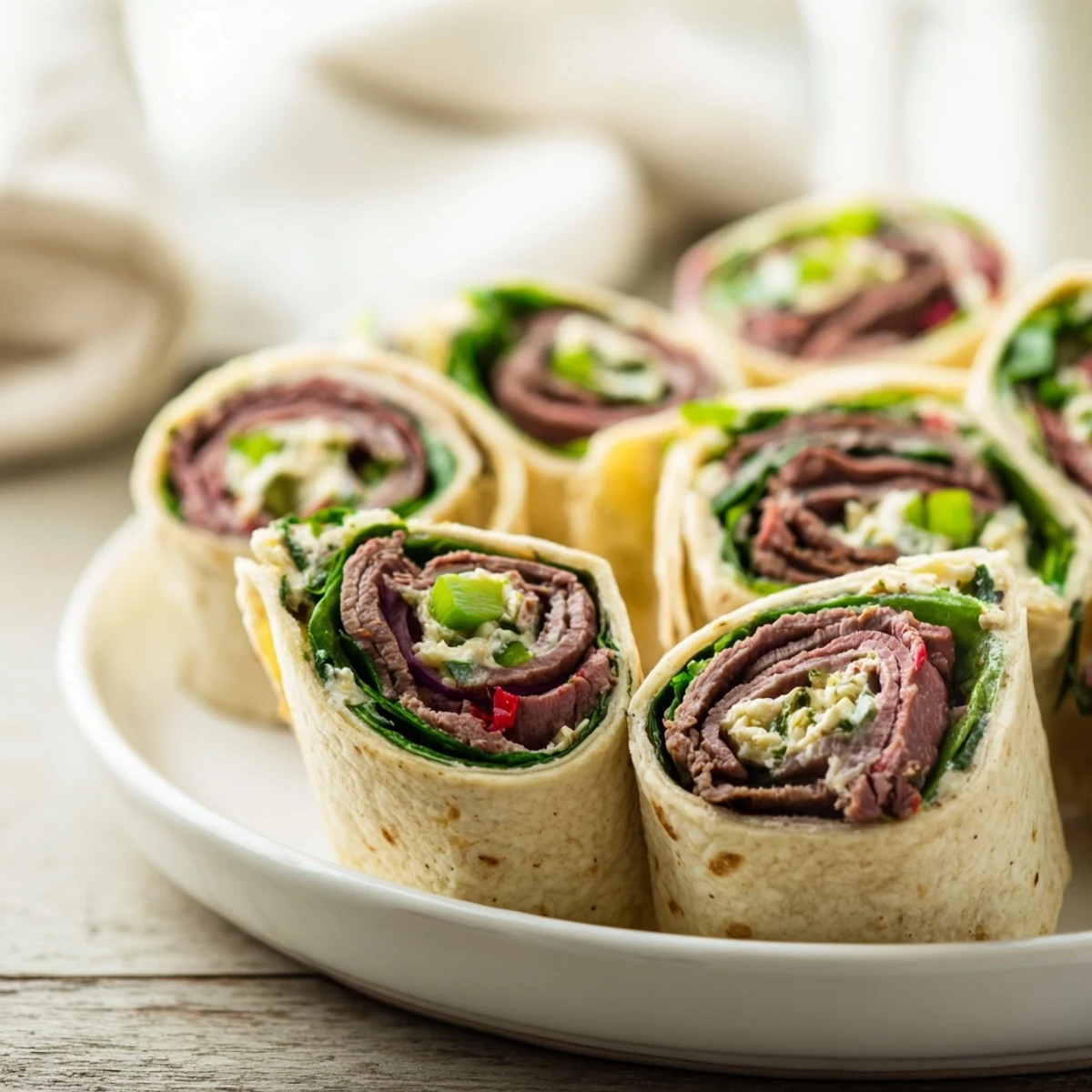 Colorful Cajun Roast Beef Pinwheel Rolls, perfect for snacks or party appetizers.