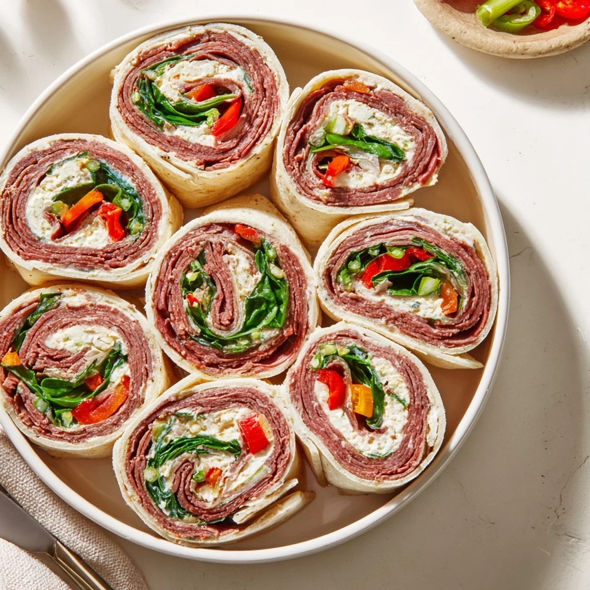 Deliciously creamy and spicy Cajun Roast Beef Pinwheel Rolls served on a platter.