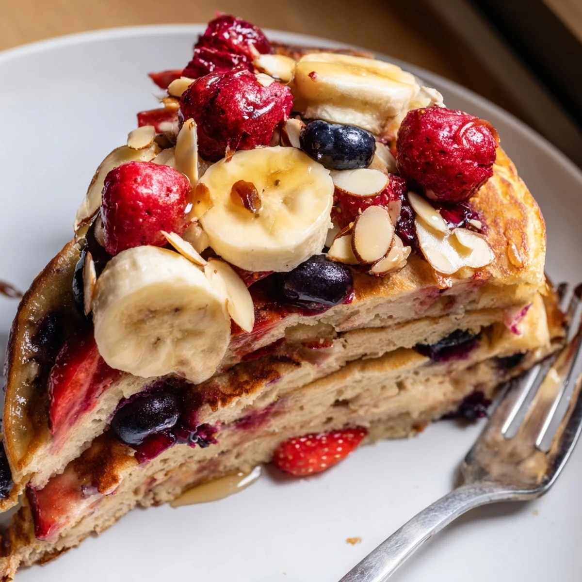 Hearty Protein Berry Banana Pancake Bake with fluffy pancakes and ripe fruit slices.