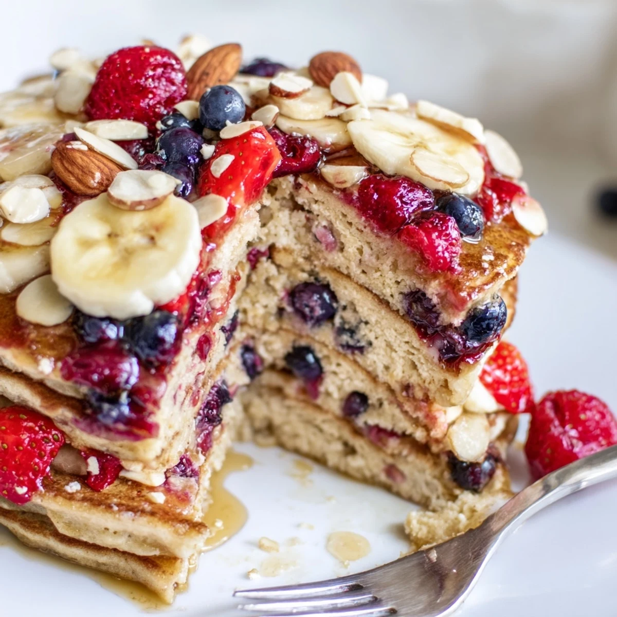 Sliced bananas and vibrant berries top this delicious Protein Berry Banana Pancake Bake.
