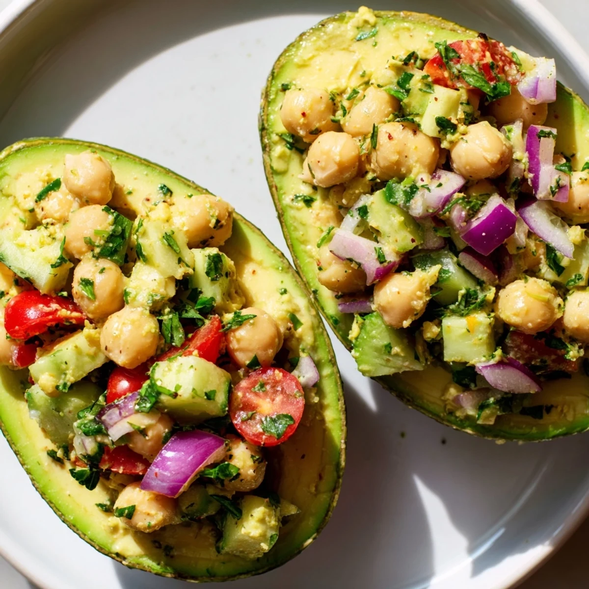 Creamy avocado chickpea breakfast boats filled with zesty salad and fresh herbs.