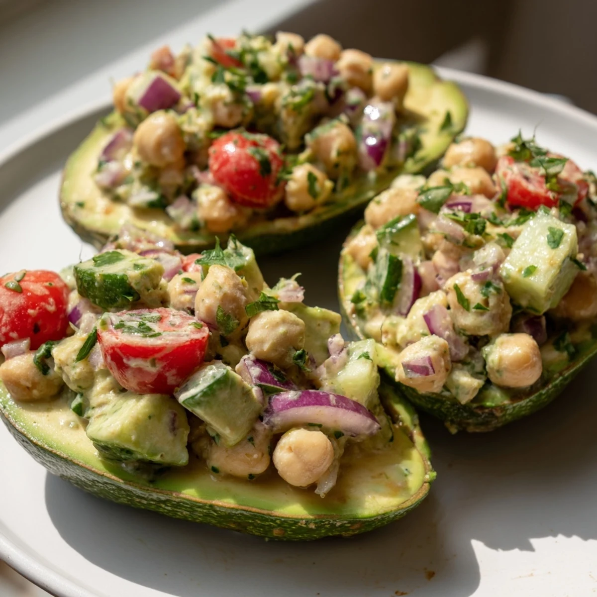 Delicious avocado halves stuffed with a vibrant chickpea salad, perfect for breakfast.
