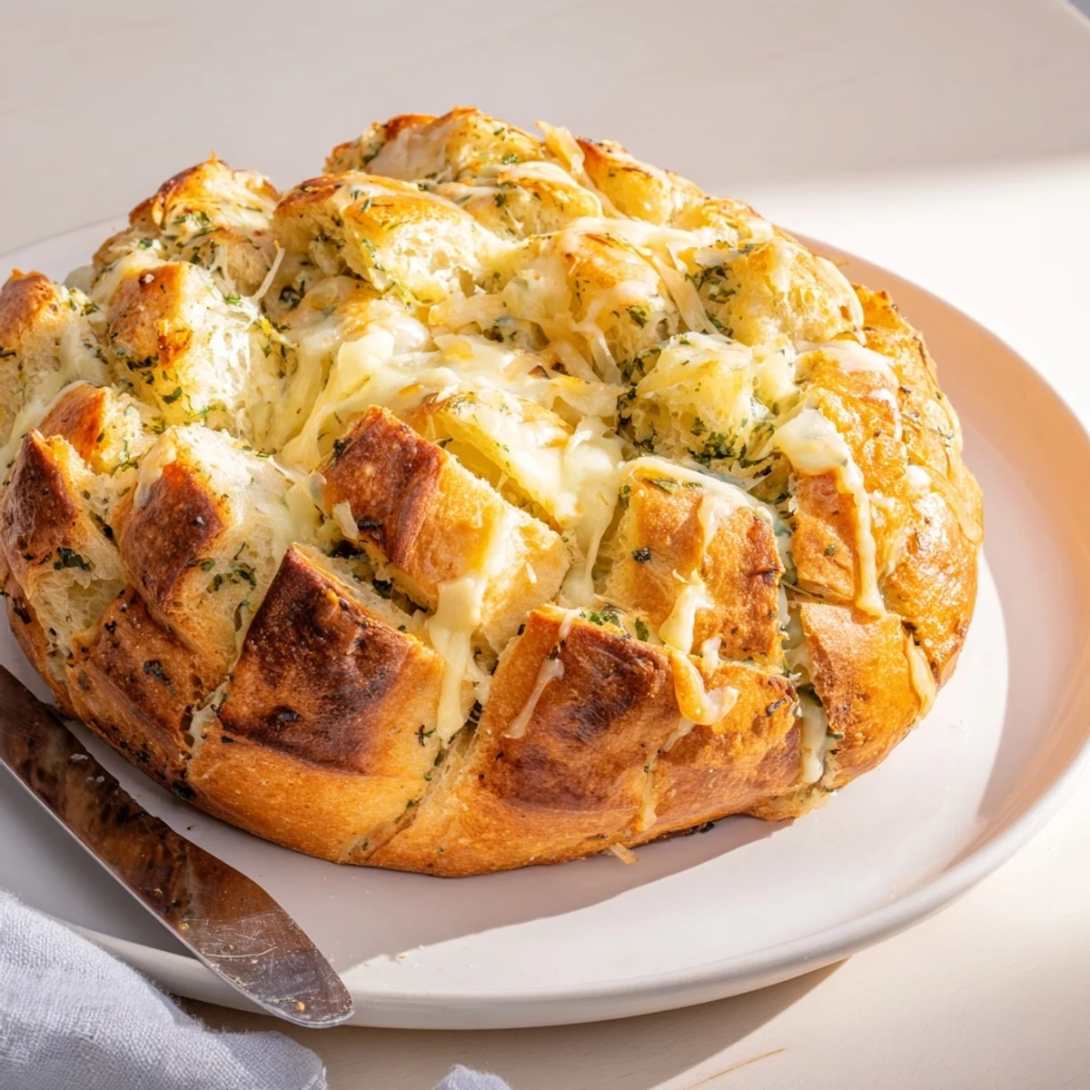 Warm Garlic Herb Cheesy Pull Apart Loaf drizzled with melted butter and herbs.