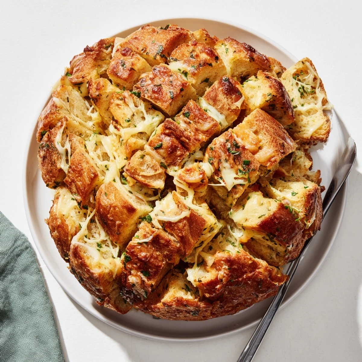 Sliced Garlic Herb Cheesy Pull Apart Loaf, perfect for sharing at cozy gatherings.