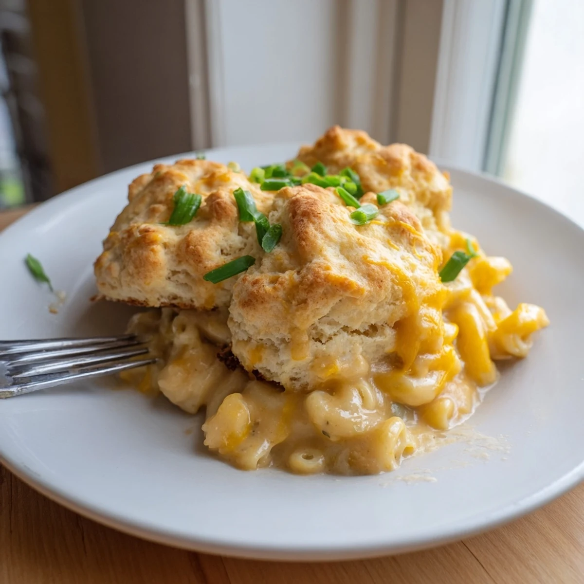 Creamy Mac and Cheese Chive Biscuit Bake, topped with golden, fluffy chive biscuits.
