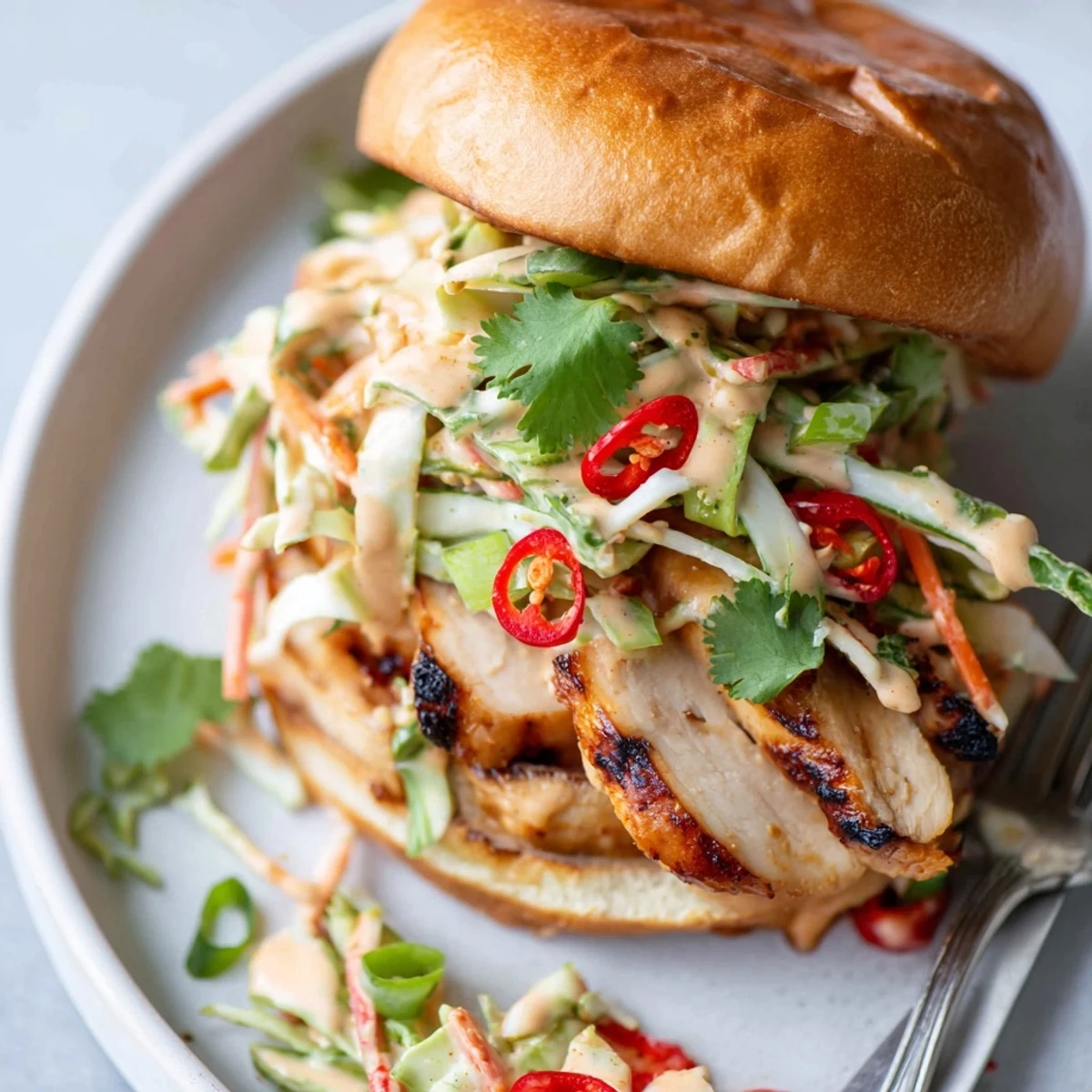 Juicy grilled chicken topped with vibrant Thai peanut slaw in a soft bun.
