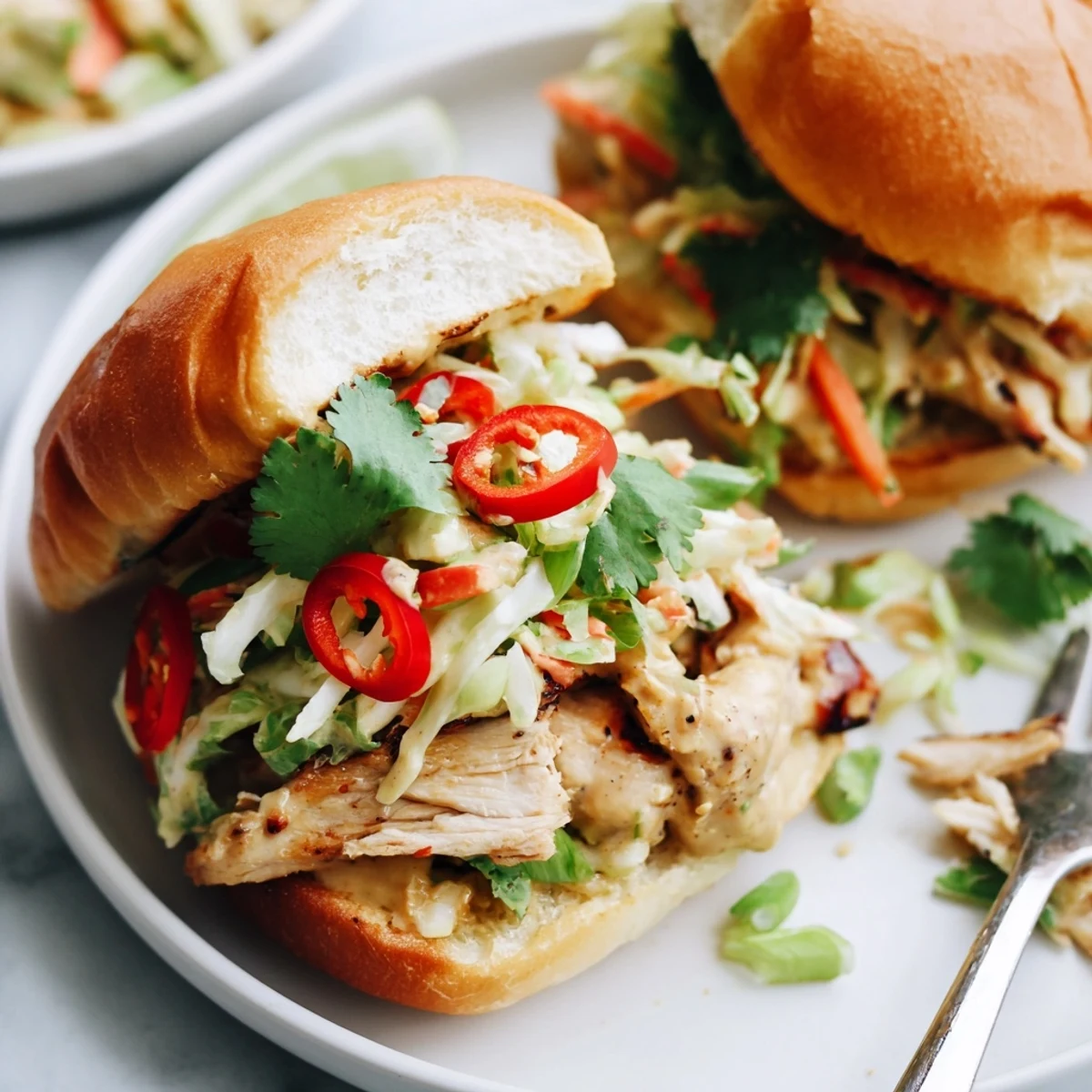 Flavorful Thai Peanut Slaw Chicken Sandwich served with fresh cilantro and chilies.