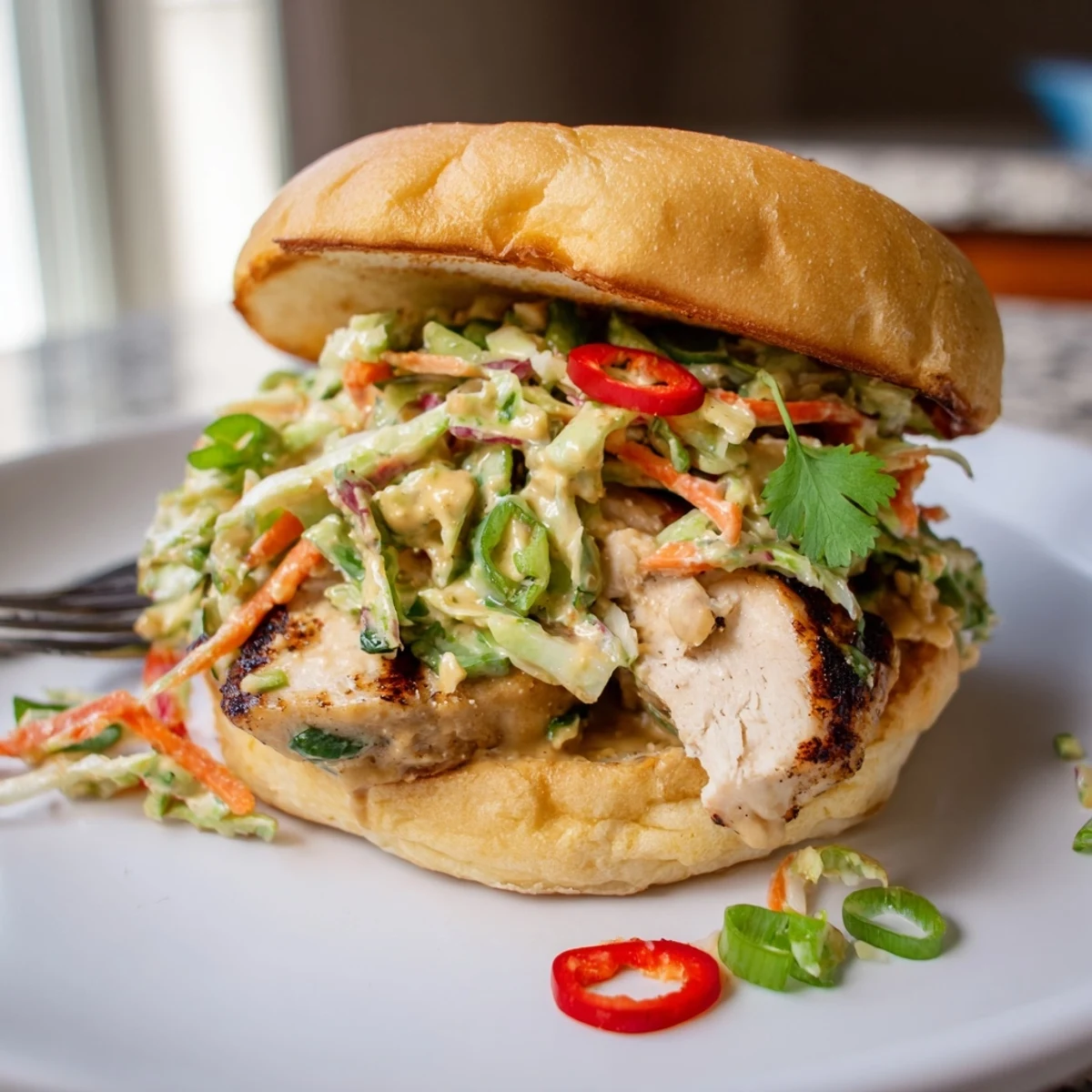 Crispy slaw and tender chicken create a delicious Thai Peanut Slaw Chicken Sandwich.