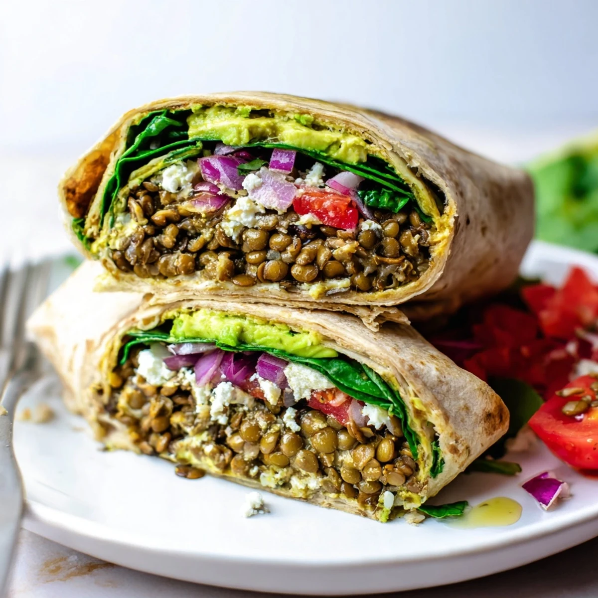 Creamy Avocado Lentil Breakfast Wraps filled with vibrant veggies and smoky spices.