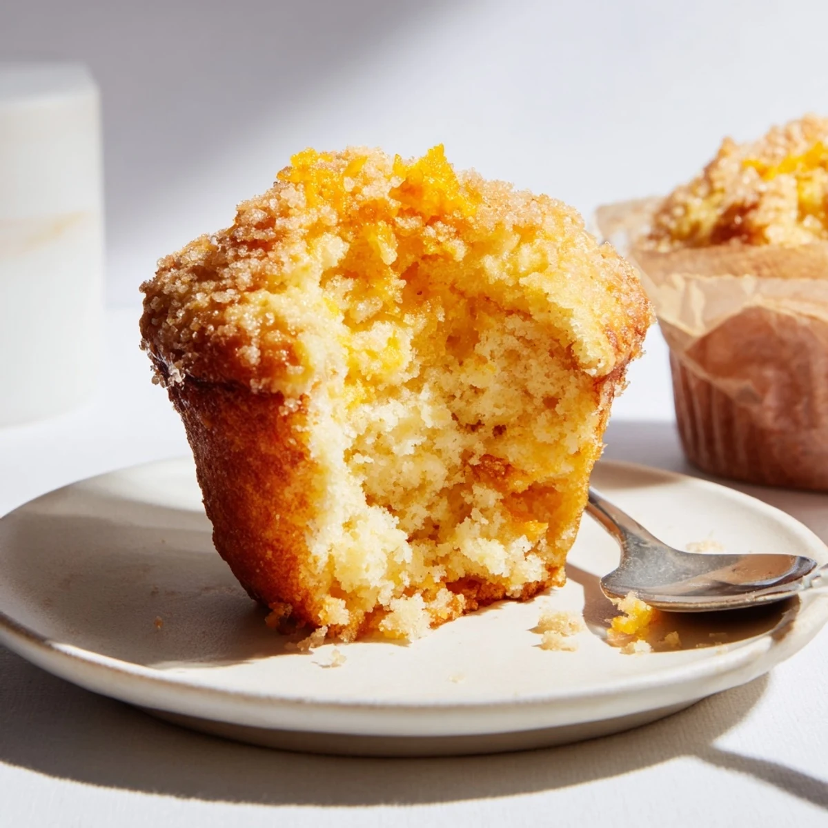 Delicious Ricotta Orange Twist Muffins topped with crunchy sugar and orange zest.