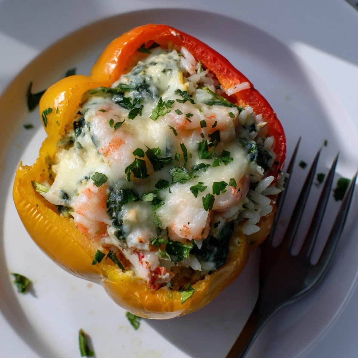 Juicy shrimp Alfredo stuffed bell peppers topped with melted cheese, perfect for dinner.
