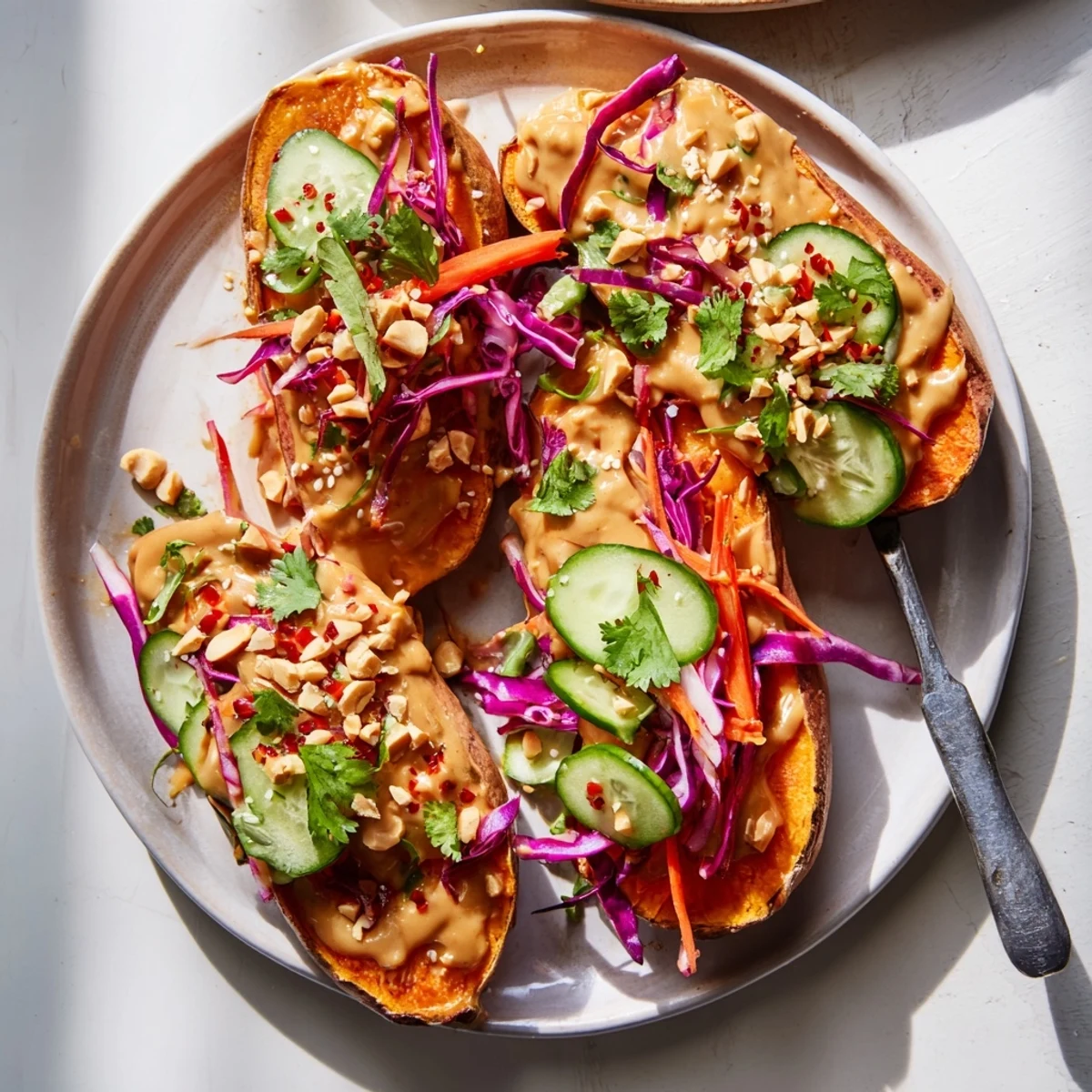Flavorful sweet potato toast drizzled with savory peanut sauce and colorful veggie toppings.