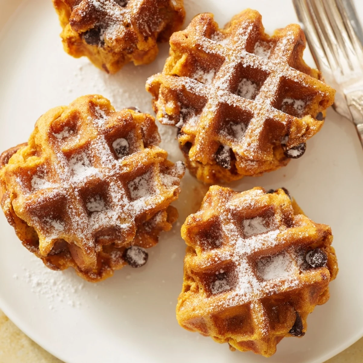 Savory pumpkin muffin waffle batter bites, ideal for snacking or a cozy breakfast treat.