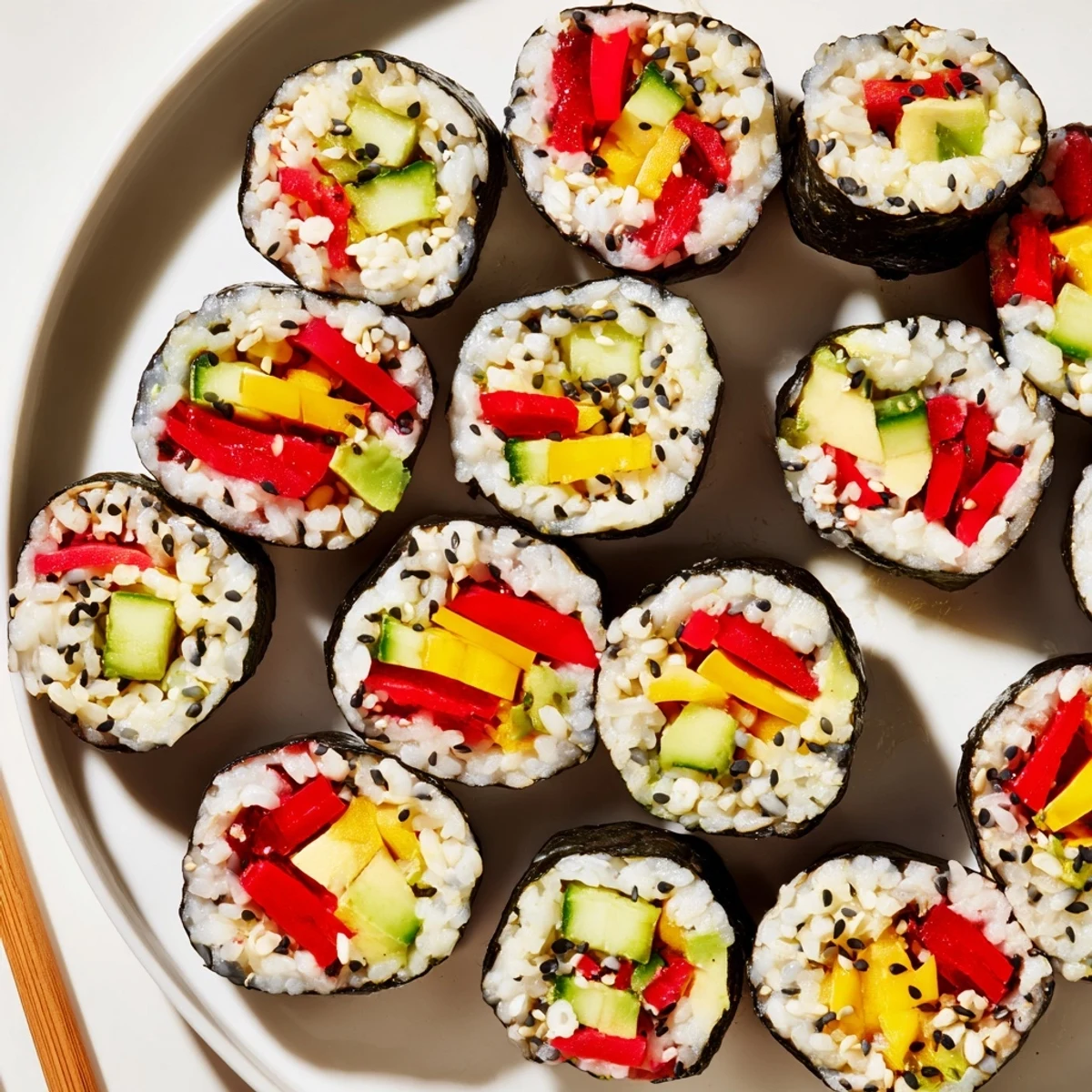 Vibrant festive holiday snack sushi rolls filled with fresh vegetables and creamy avocado.