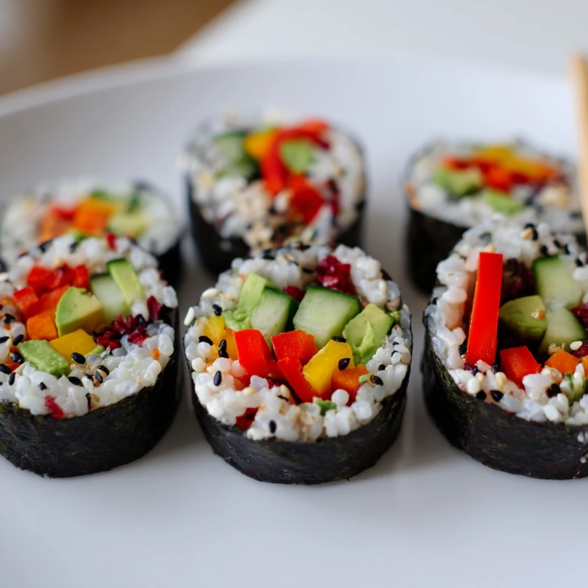 Colorful bite-sized sushi rolls showcasing bell peppers and pickled ginger for holiday gatherings.  