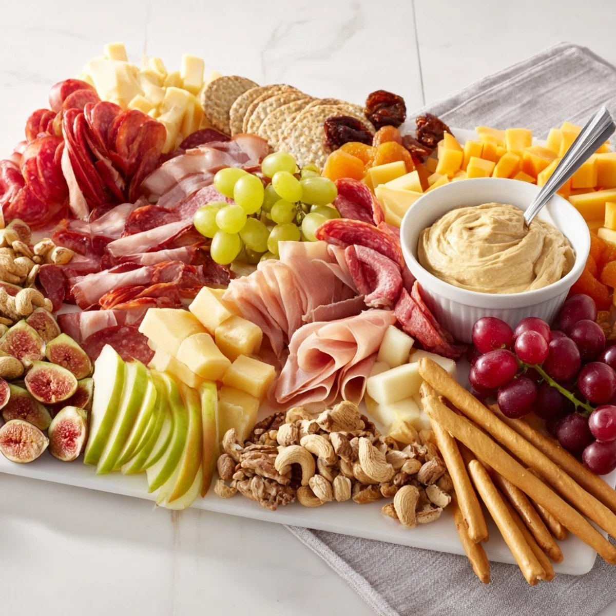 Inviting charcuterie board with gingerbread dip showcases meats, cheeses, and vibrant fruits.