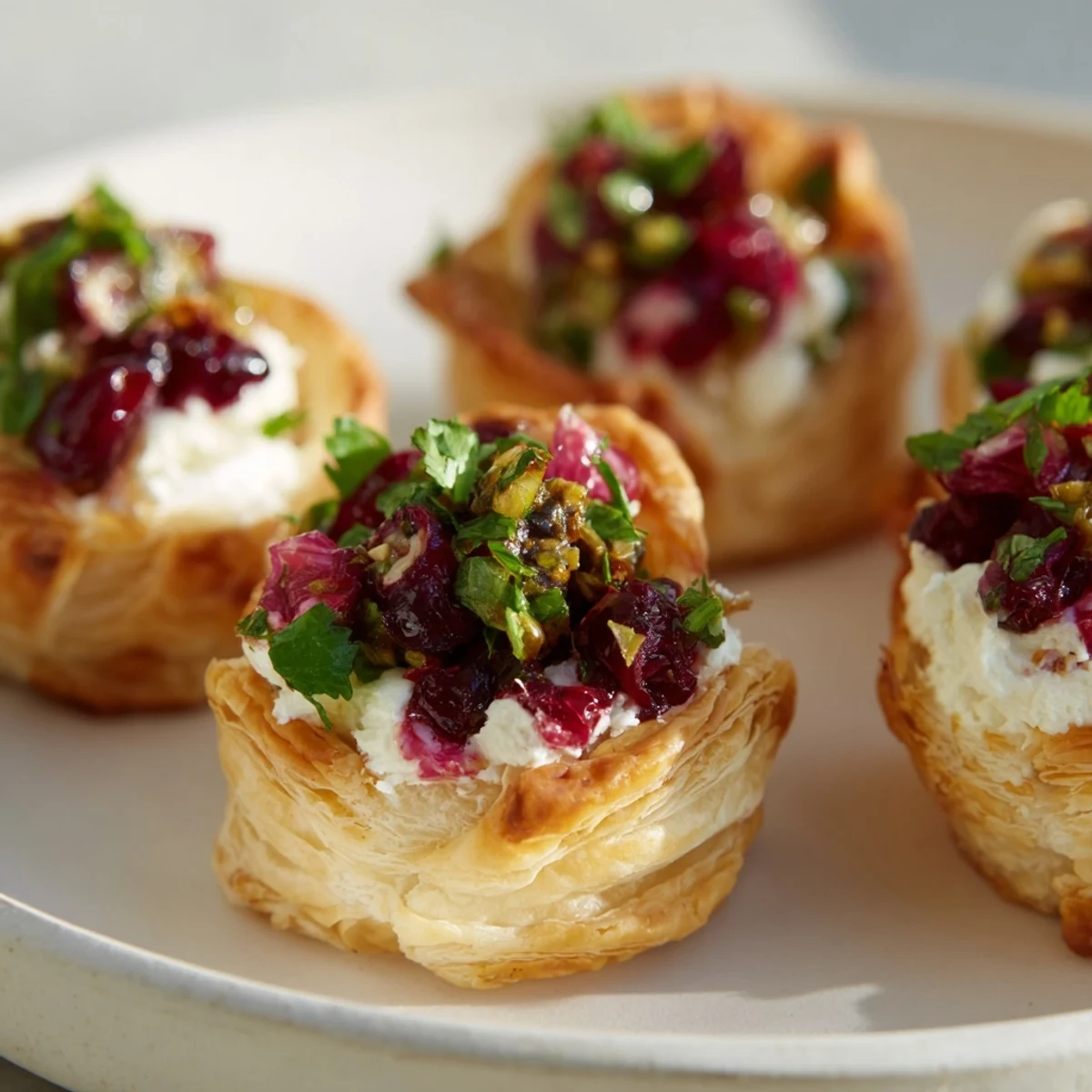Flaky puff pastry cups filled with creamy cranberry jalapeño dip, garnished for flavor.
