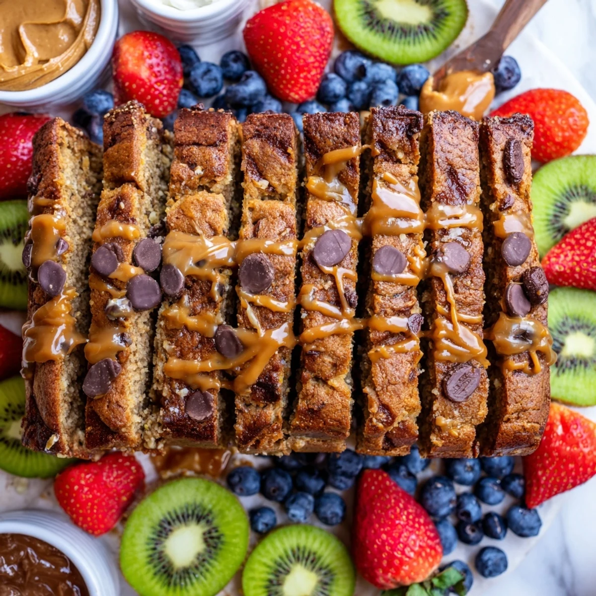 Indulgent caramel banana bread charcuterie board with fresh fruits and creamy spreads.