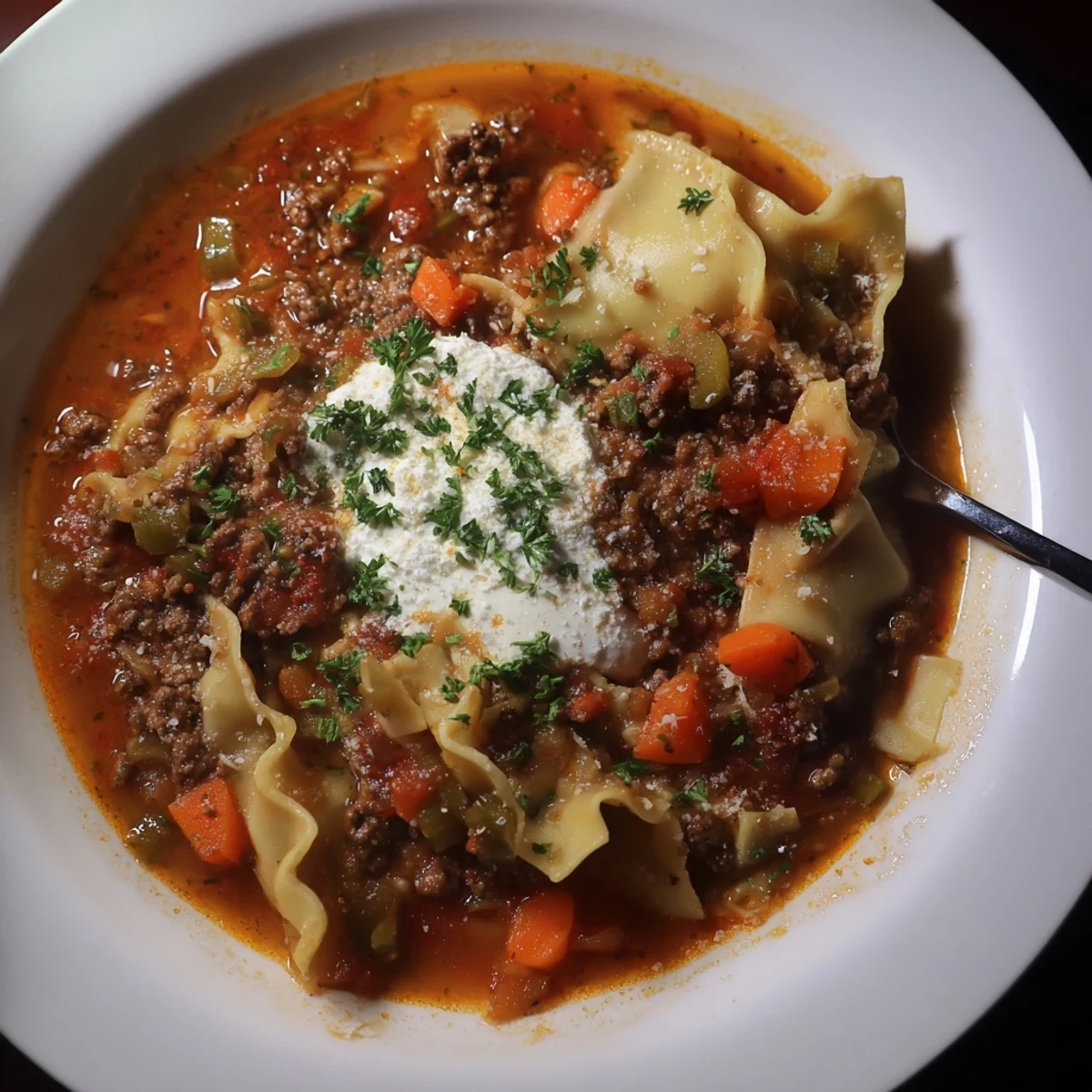 Delicious Lasagne Soup simmering with spices, served hot for a comforting meal.