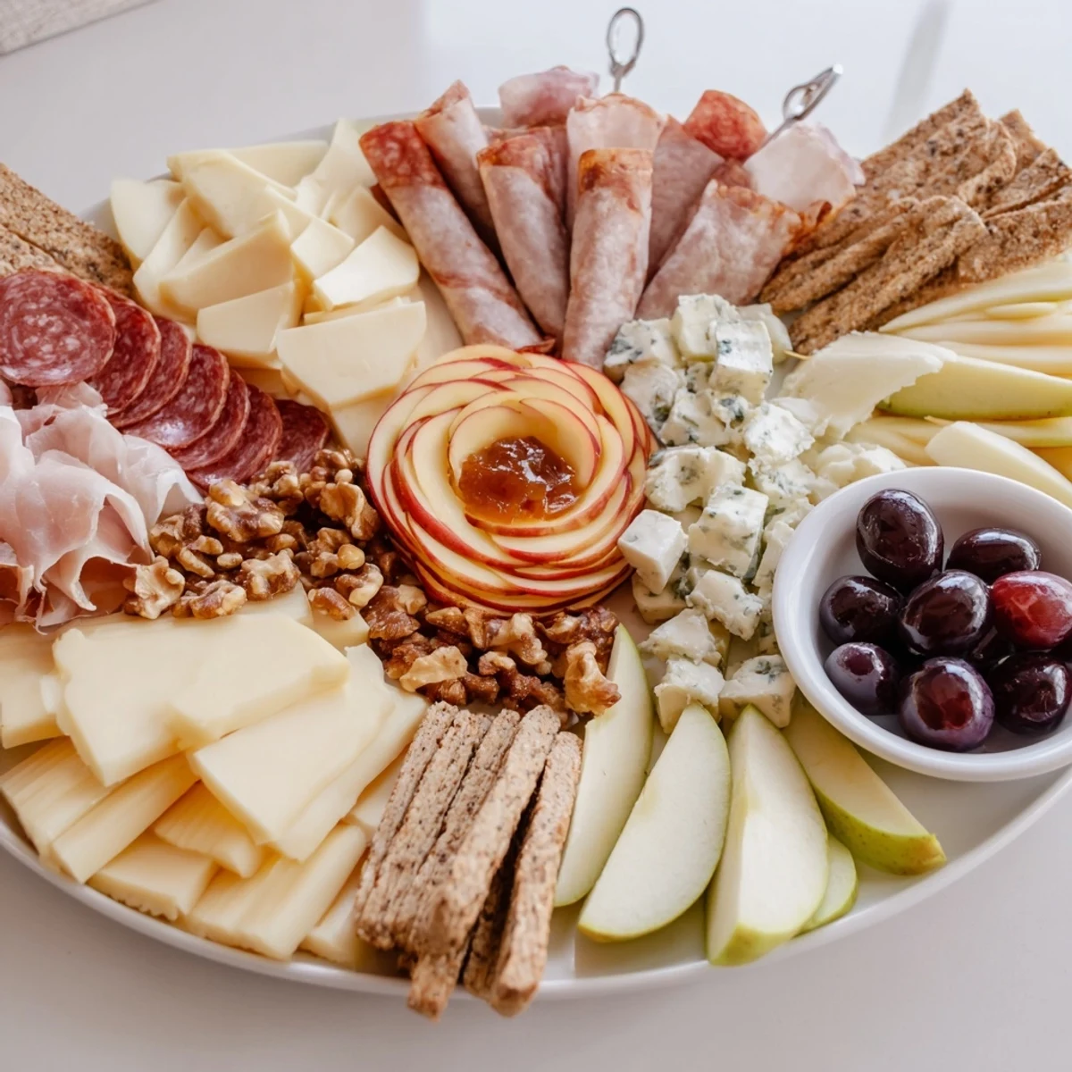 A vibrant charcuterie board featuring apple rosettes and assorted gourmet cheeses.