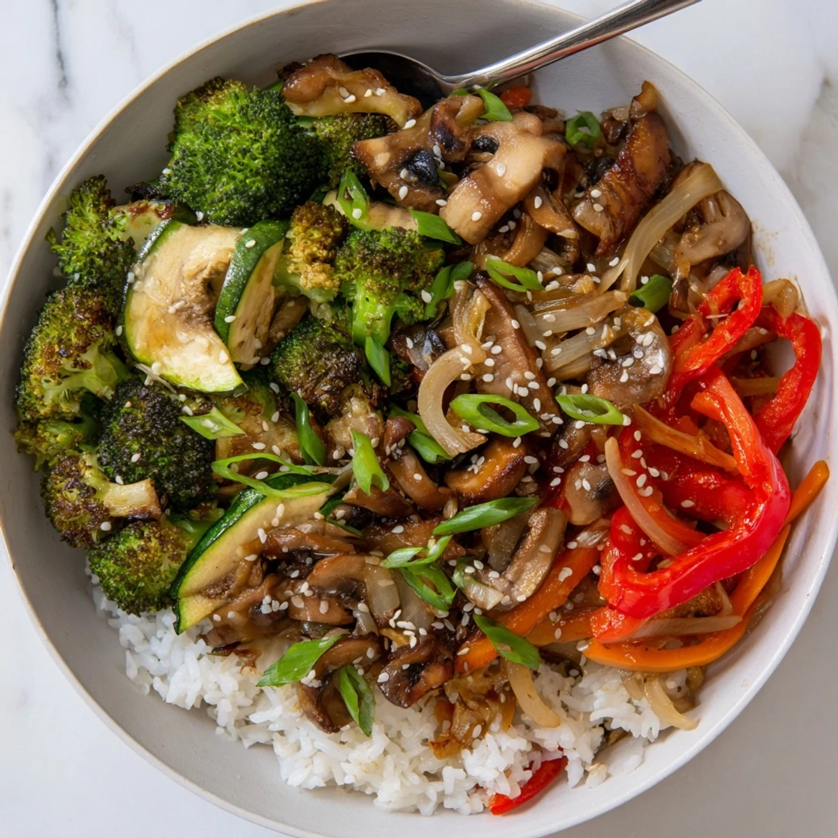 Vibrant Japanese hibachi veggie bowls garnished with scallions and sesame seeds.