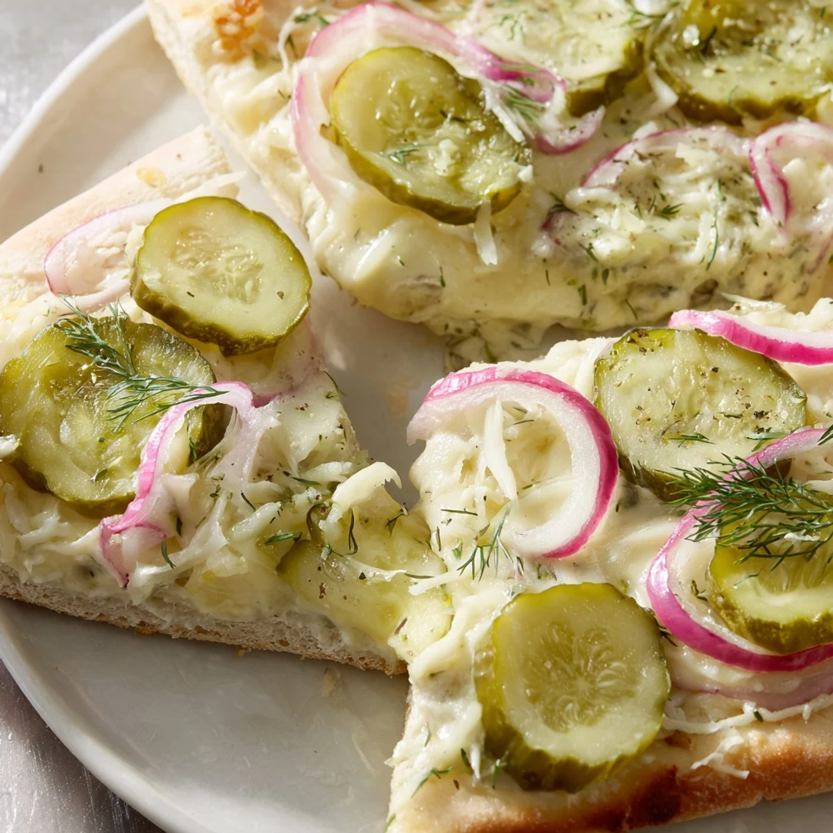 Creamy dill Pickle Pizza topped with mozzarella and vibrant dill for flavor.  