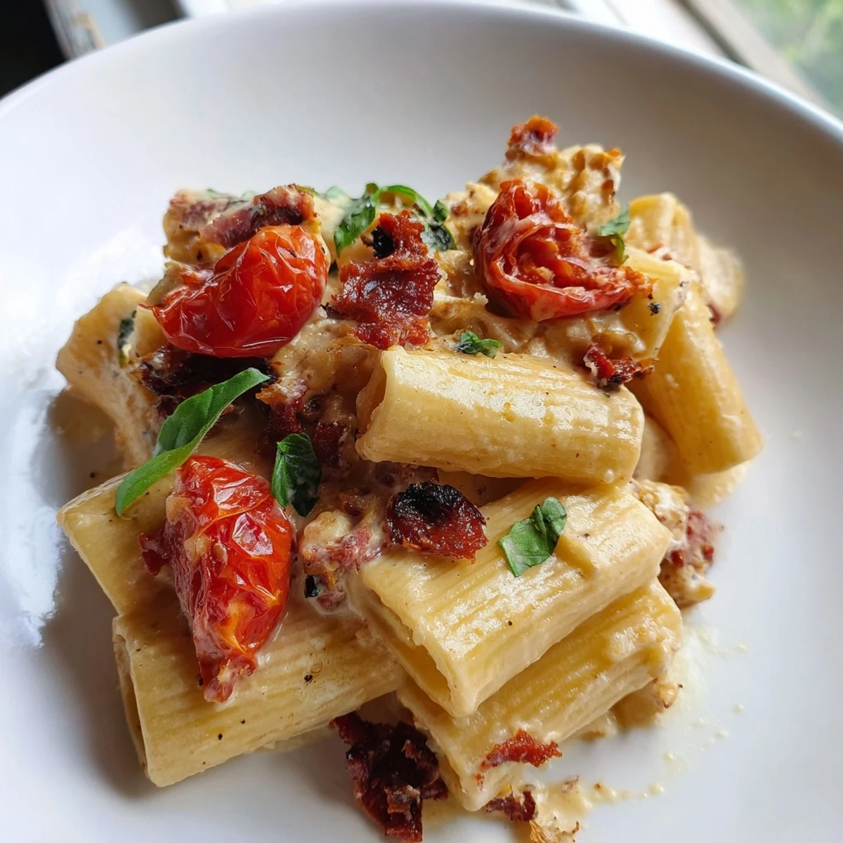 Creamy Baked Feta Pasta with caramelized onions and sun-dried tomatoes, beautifully golden.  
