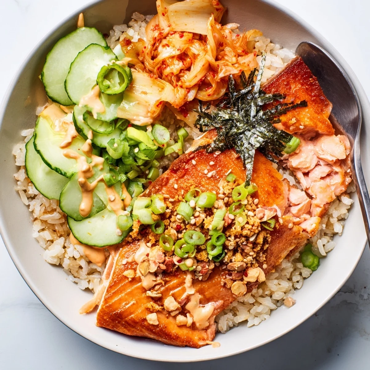 A delicious Crispy Salmon Rice Bowl with golden rice and vibrant veggie toppings.  