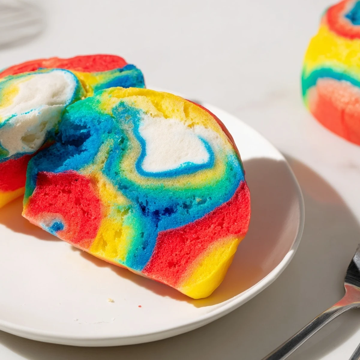 Fluffy cloud bread rainbow version, vibrant colors ideal for festive breakfasts.  