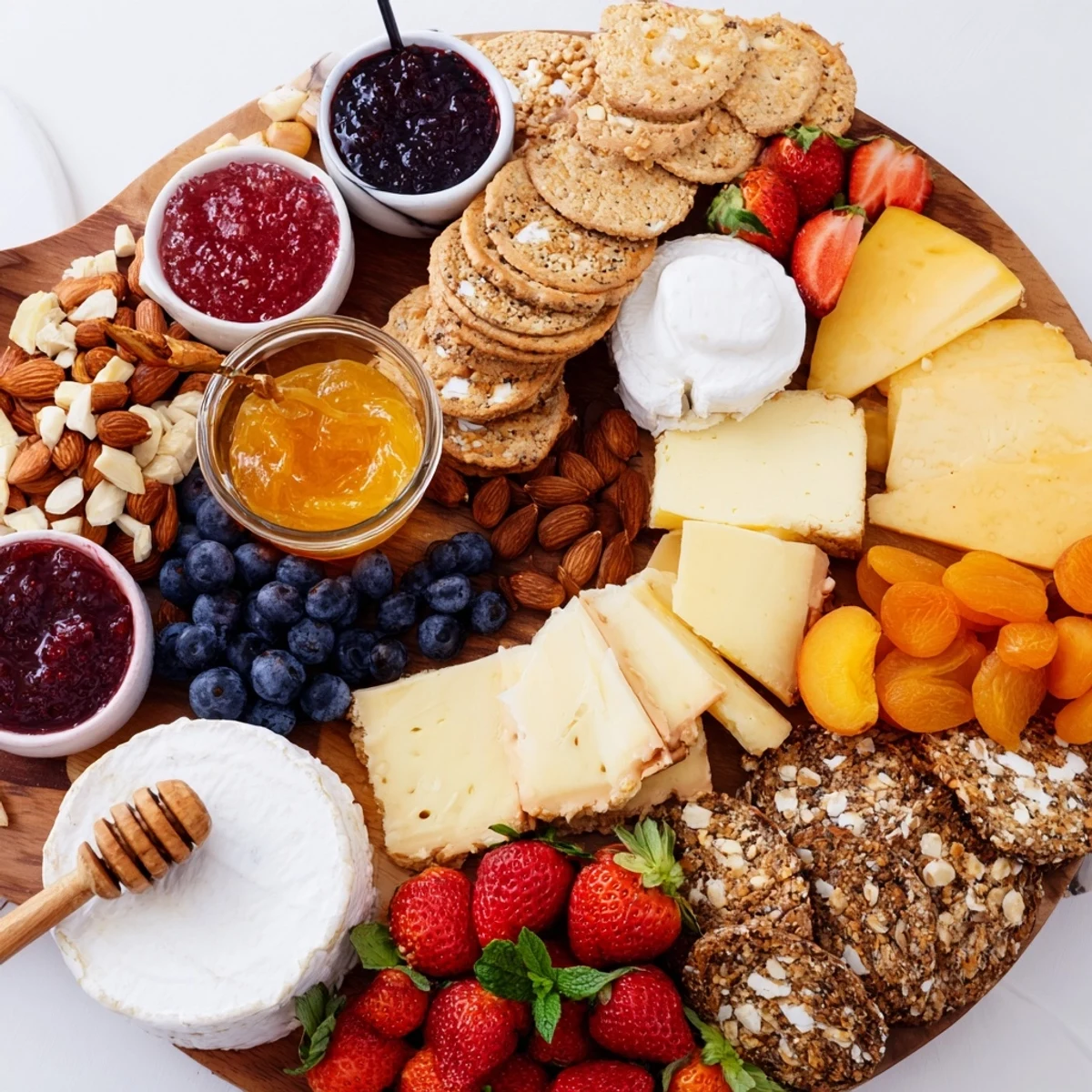 A beautiful jam-infused brunch board featuring colorful fruits, artisan cheeses, and fresh bread.  