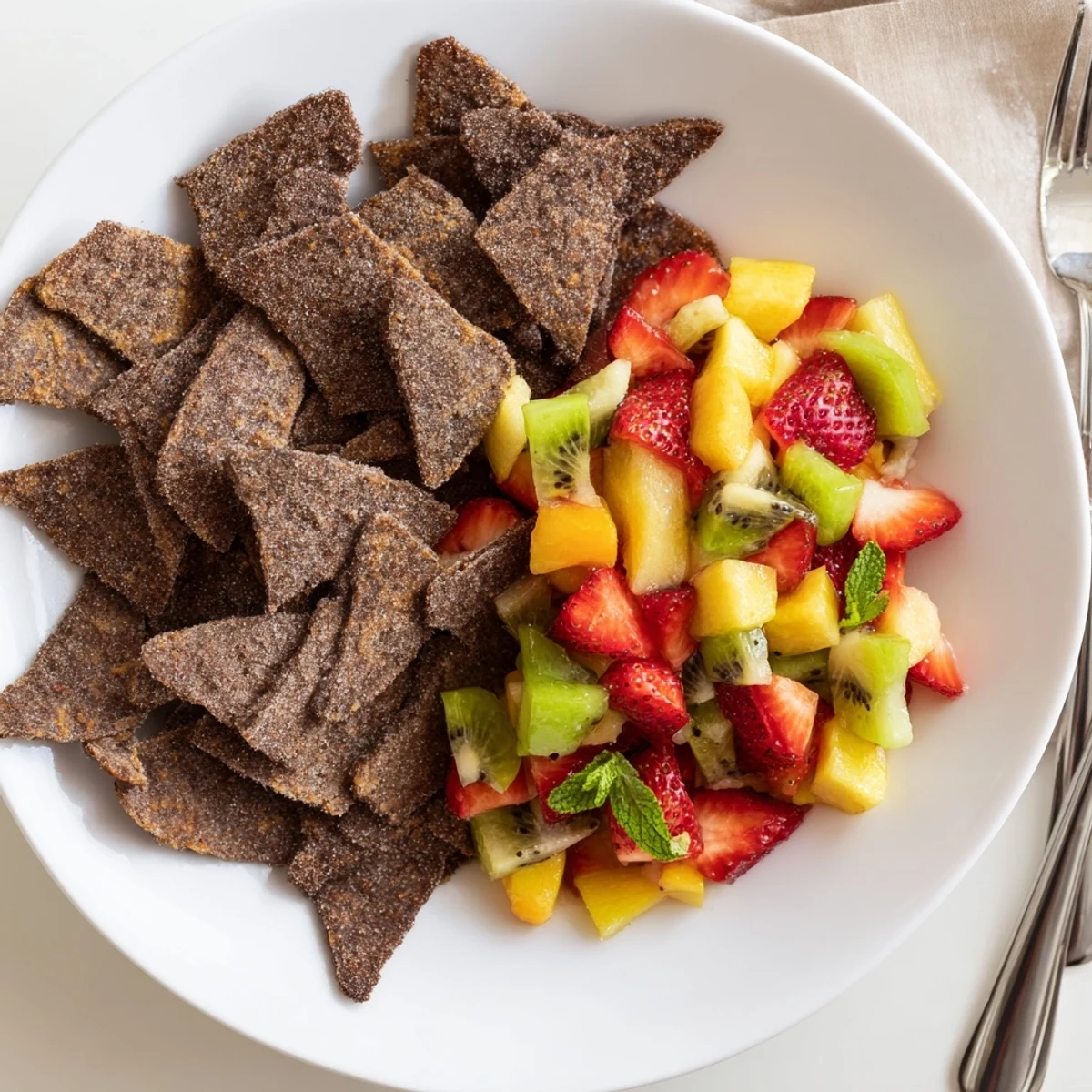 Crispy dessert chips and salsa with fresh fruit for a delightful treat.  