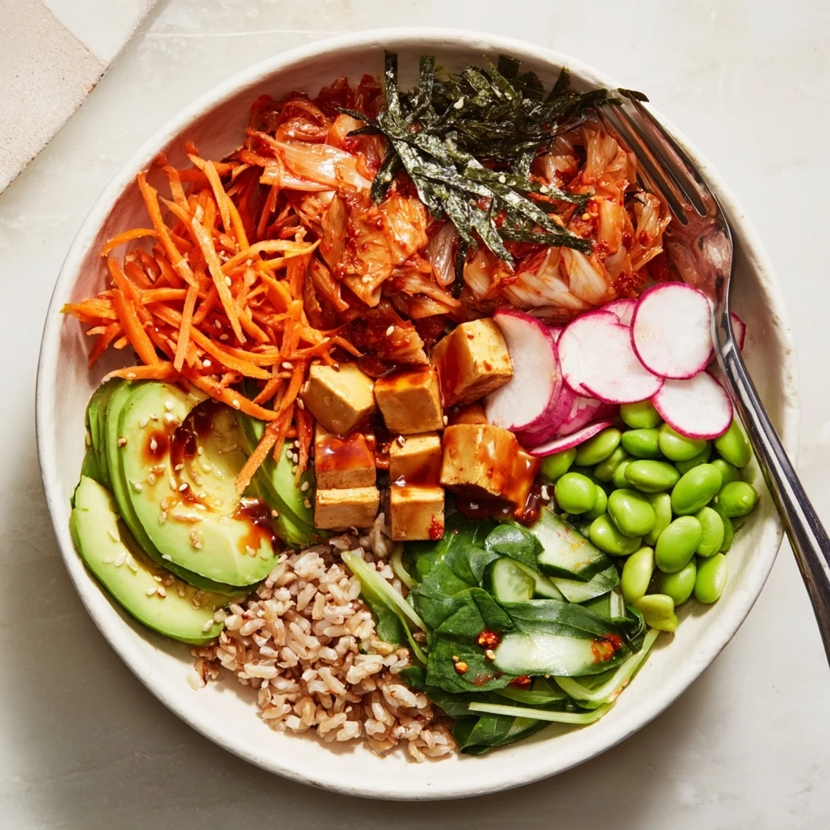 Nourishing Fermented Vegetable Bowl bursting with veggies, kimchi, and sesame flavors.