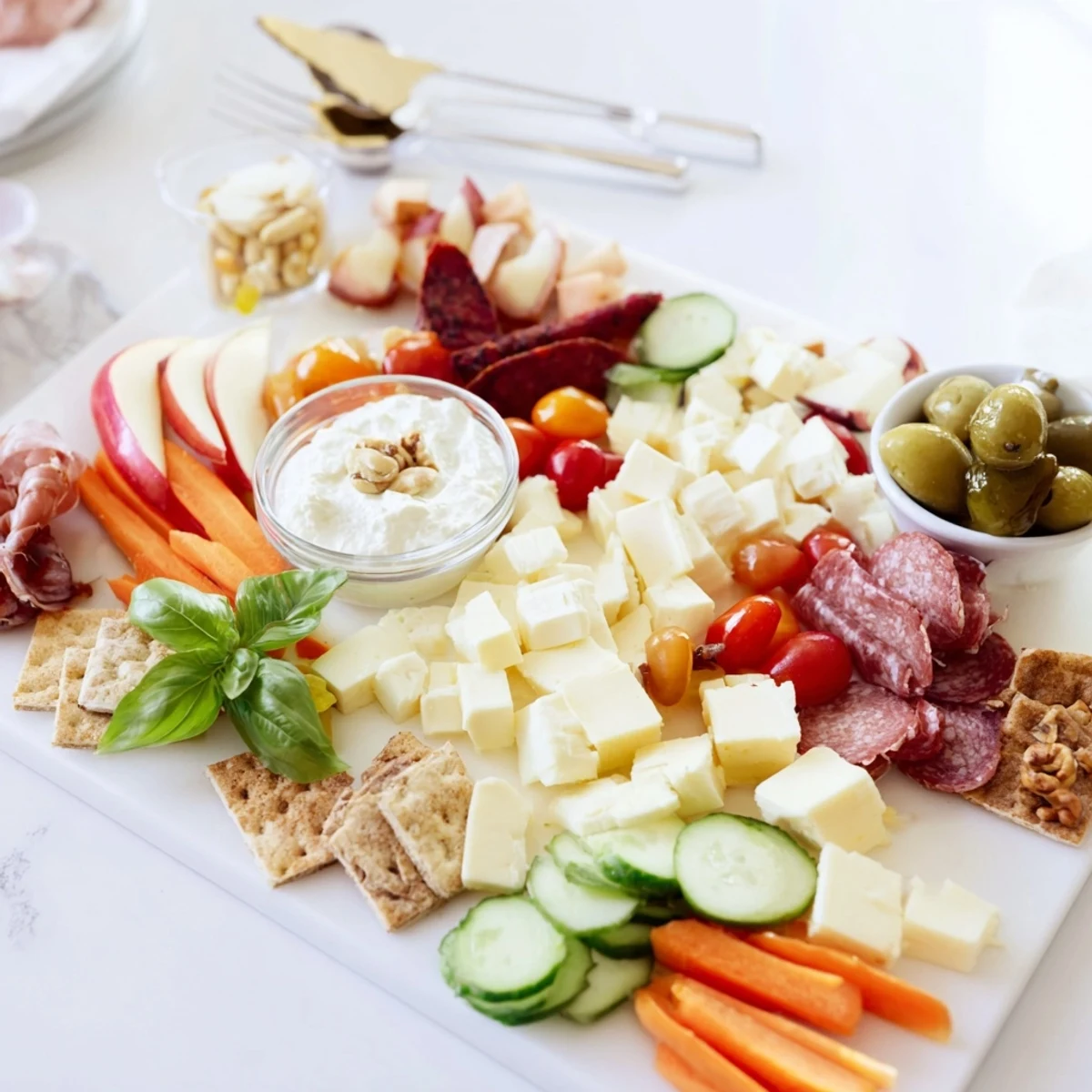 Colorful Girl Dinner Platter with assorted cheeses, fruits, and dips ready for sharing.  