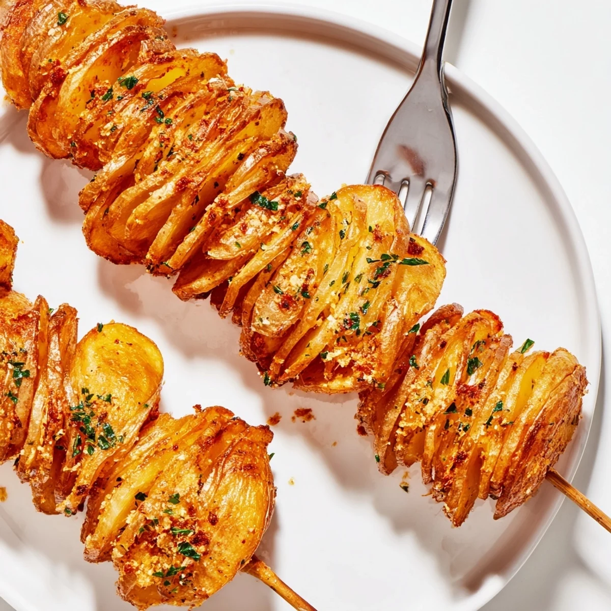 Golden-brown air-fried tornado potatoes drizzled with olive oil and spices on skewers.  