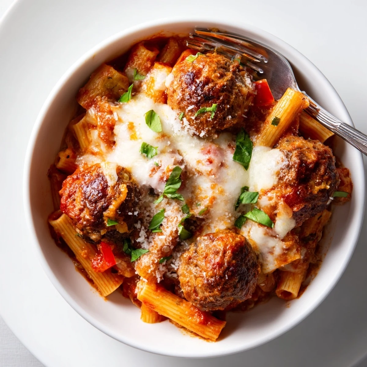 Hearty Italian Meatball Pasta Skillet topped with melted cheese and fresh basil.  