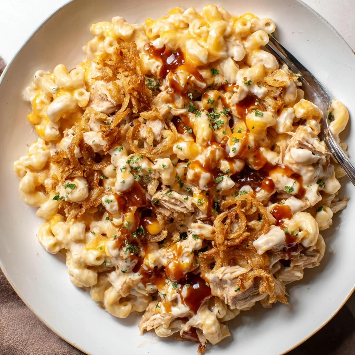 Creamy One-Pot Honey BBQ Chicken Mac and Cheese with melted cheese and tender pasta.  