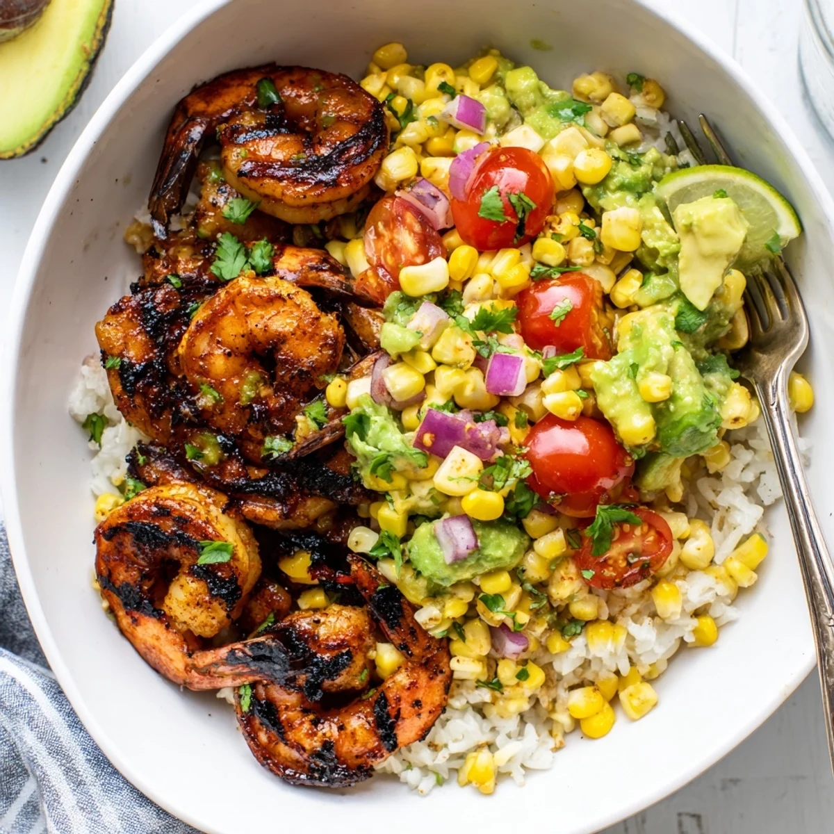 Vibrant Blackened Shrimp Bowl topped with creamy avocado corn salsa and fresh rice.  