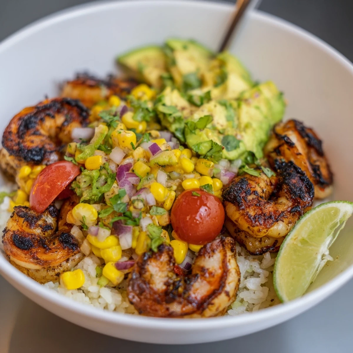 Colorful shrimp bowl brimming with spicy shrimp, corn salsa, and fluffy rice.