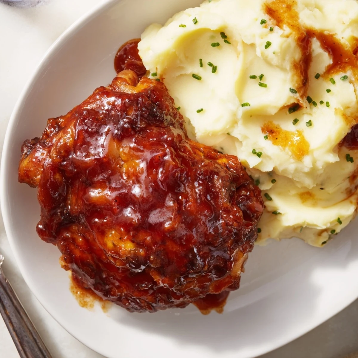 Oven-baked Honey BBQ chicken thighs paired with fluffy garlic mashed potatoes for a comforting dinner.  