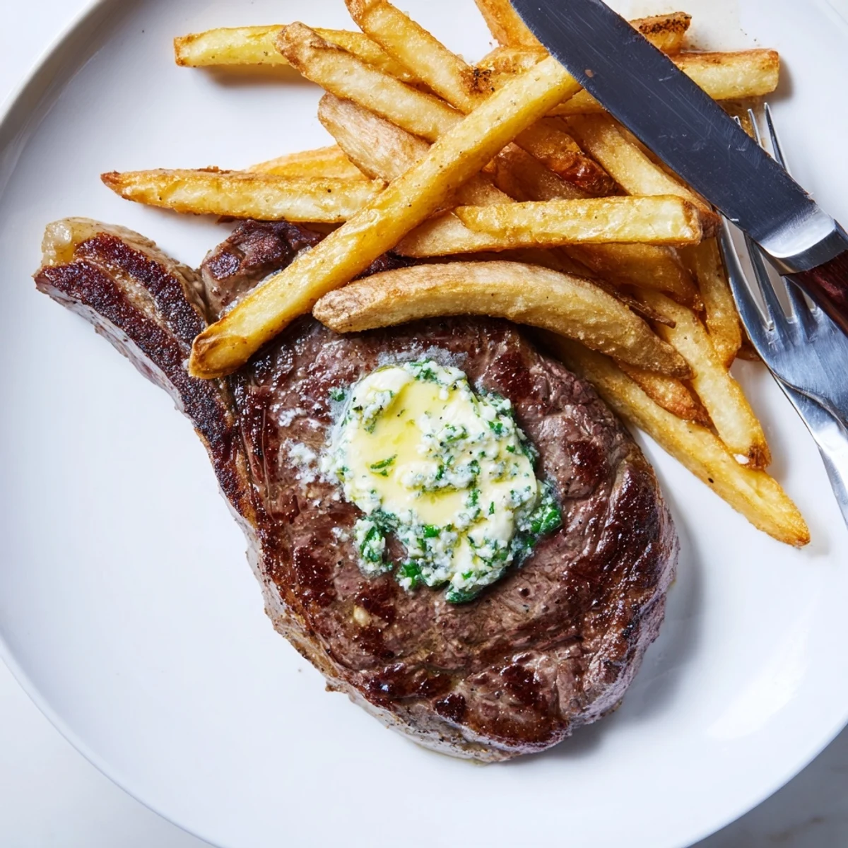 Juicy Steakhouse Garlic Butter Steak plated beside crispy golden fries and fresh herbs.  
