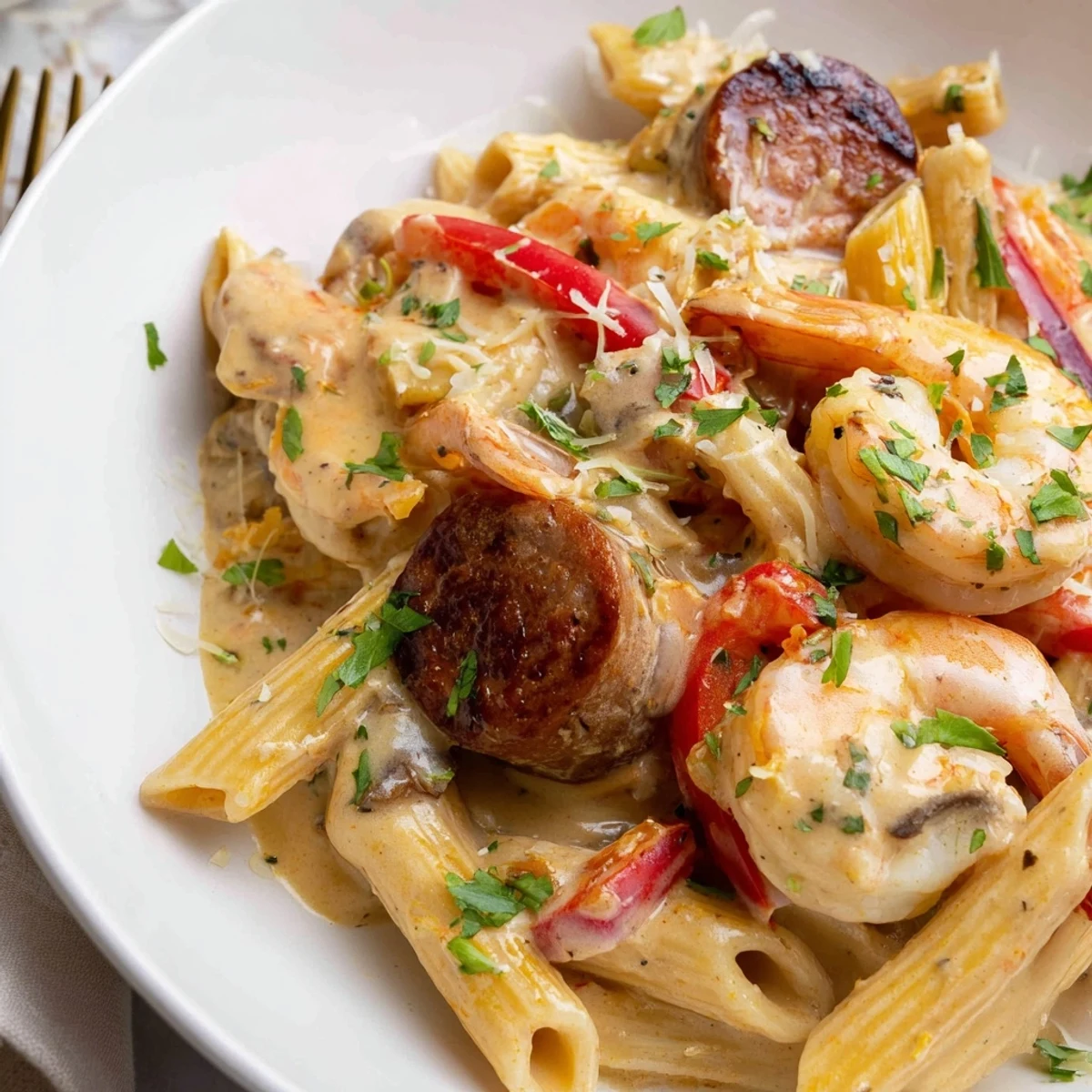 Vibrant Cajun Sausage & Shrimp Alfredo Pasta Skillet served in a rustic skillet.  