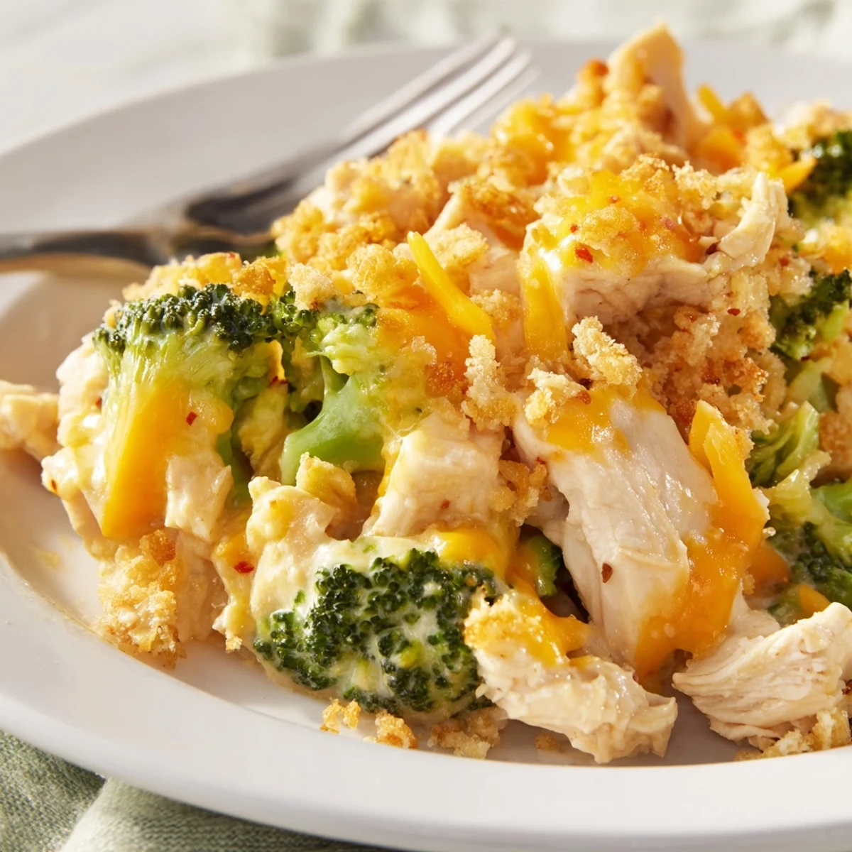 Warm Chicken & Broccoli Cheddar Bake, a perfect family dinner or potluck dish.