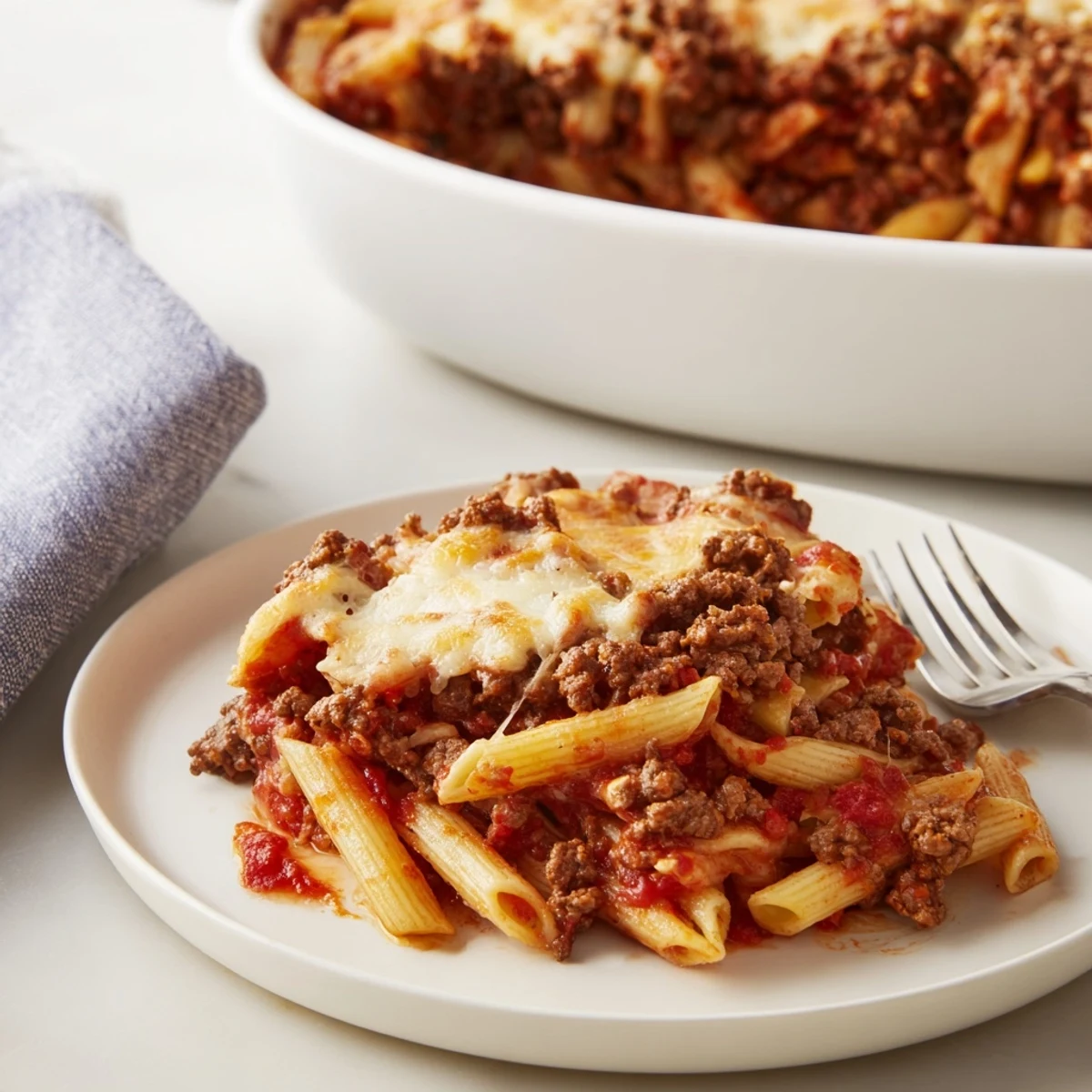 Comforting Cheesy Beef & Penne Bake, layered with pasta, beef, and melted cheese goodness.