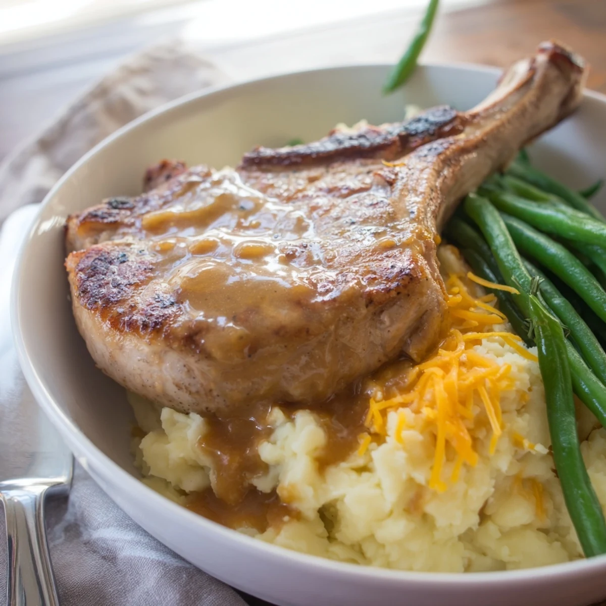 Juicy pork chops in a cheddar mash bowl topped with savory pan gravy.