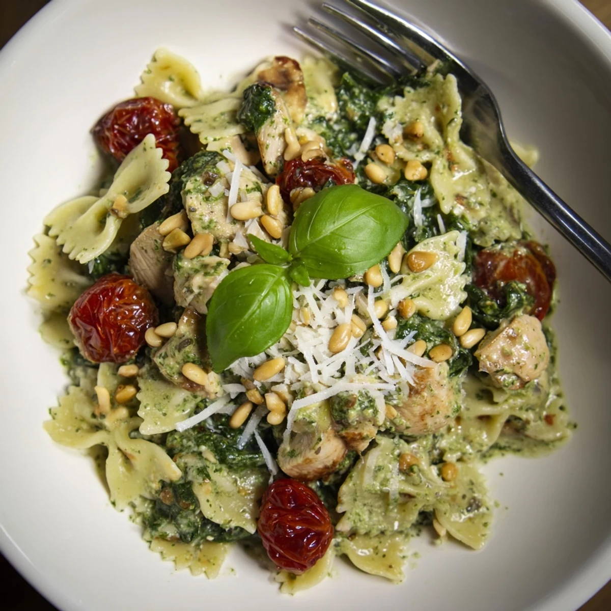 Delicious Pesto Chicken Bowtie Pasta served with fresh basil and toasted pine nuts.  