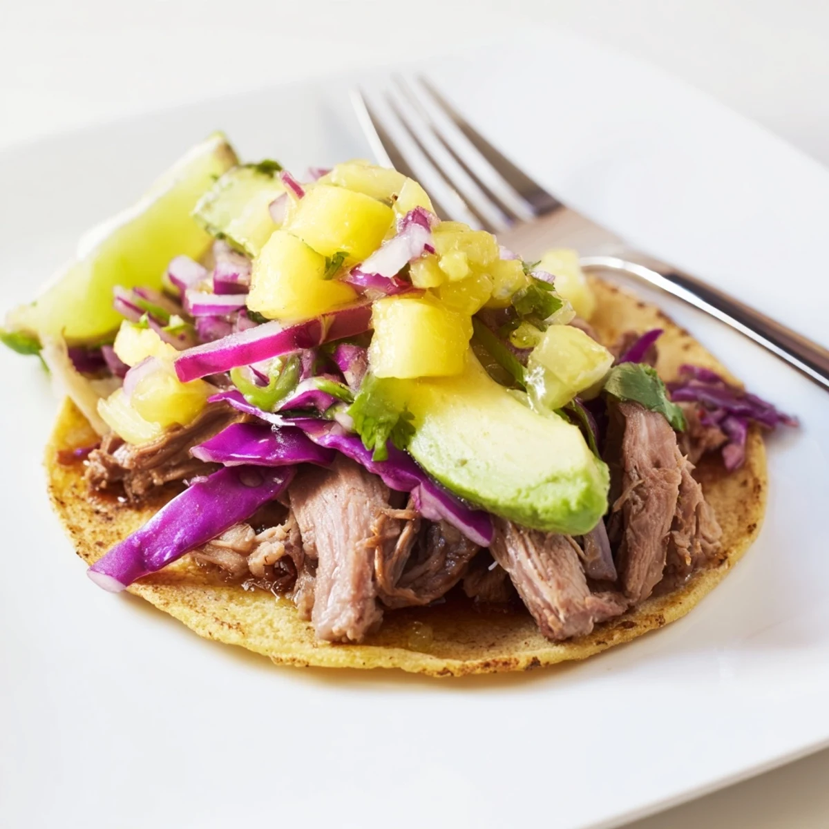 Tender Sweet & Spicy Pineapple Pork Tacos topped with fresh avocado and vibrant salsa.  