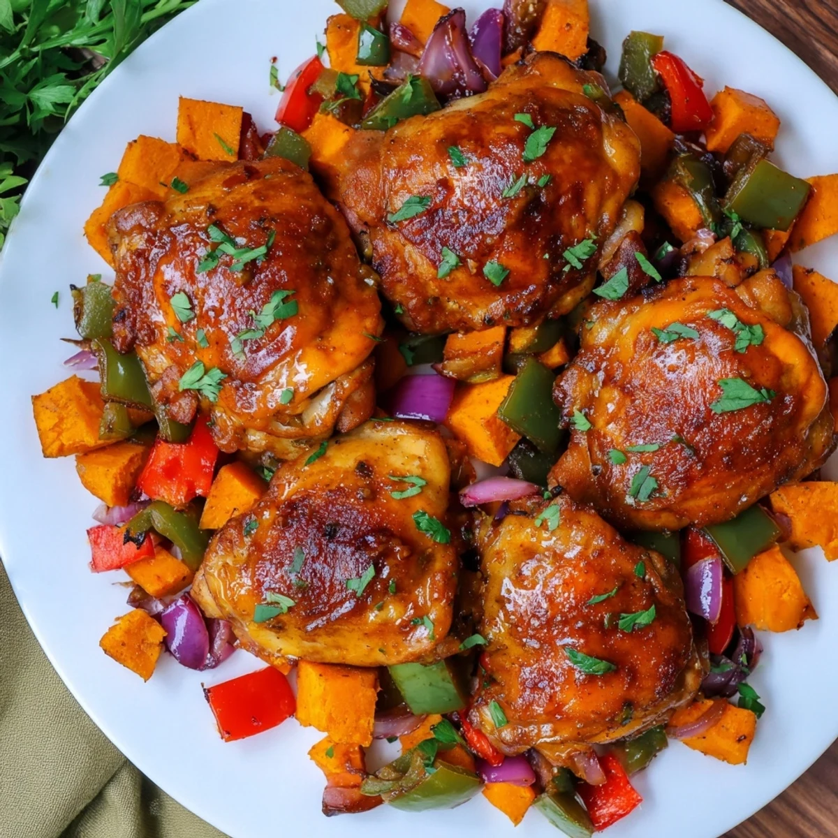 Golden chicken thighs glazed in maple bourbon sauce, served with savory sweet potato hash.  